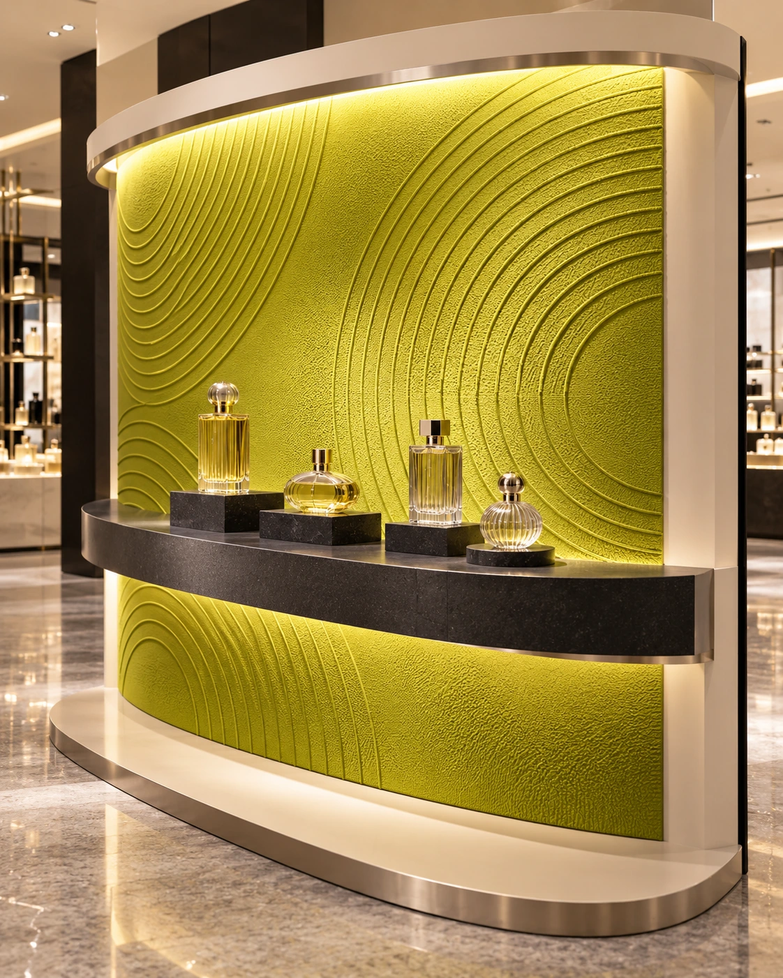 Concept image of fragrance bottles on a dark curved shelf against a lime textured wall