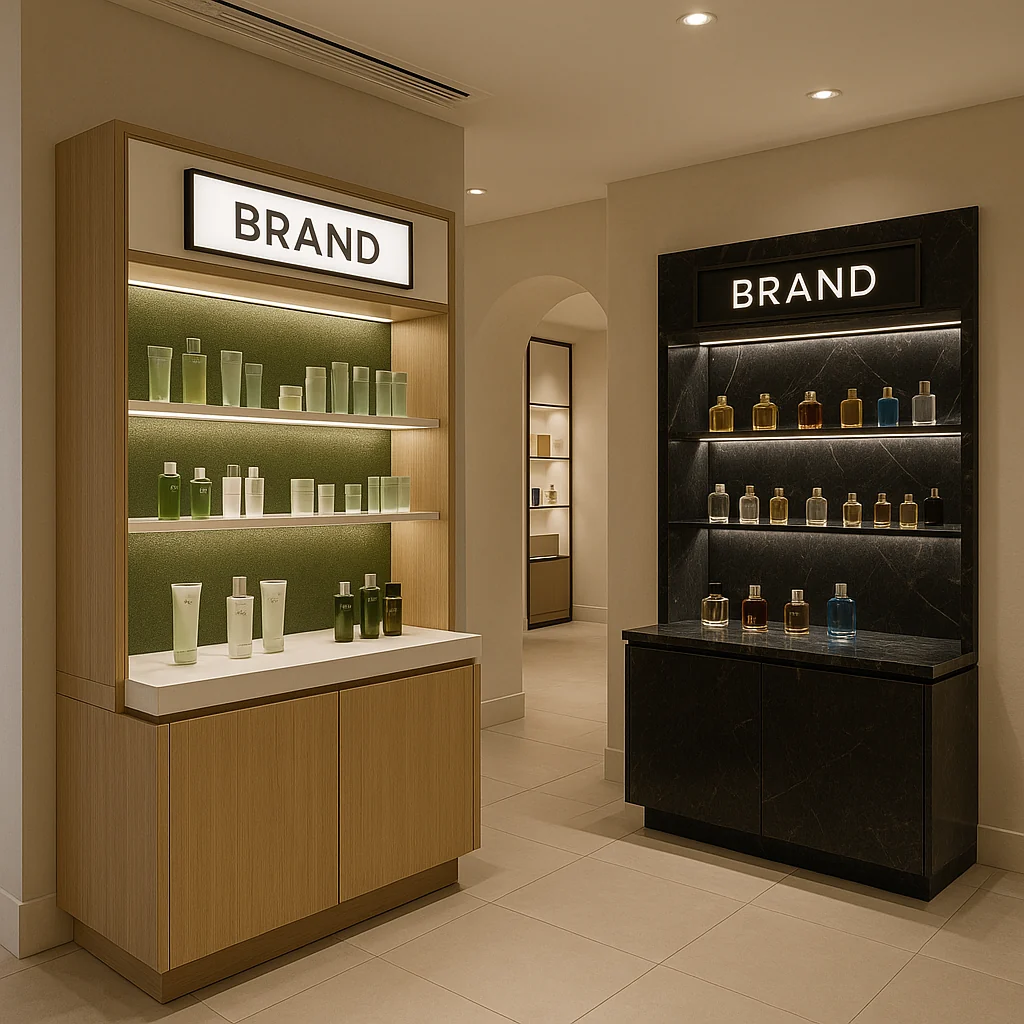 Sophisticated fragrance and cosmetic displays showcasing separated displays.