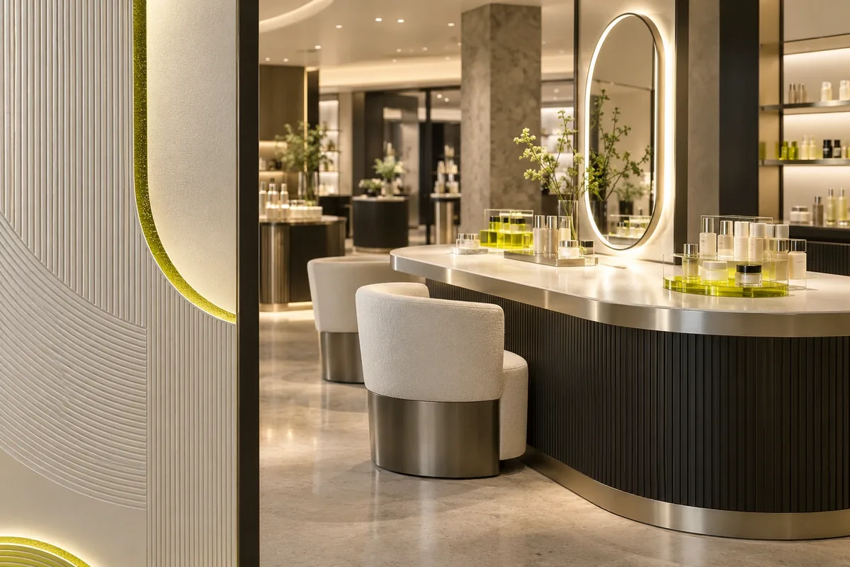 Concept image of a curved beauty counter with ribbed panels, an oval mirror and upholstered chairs