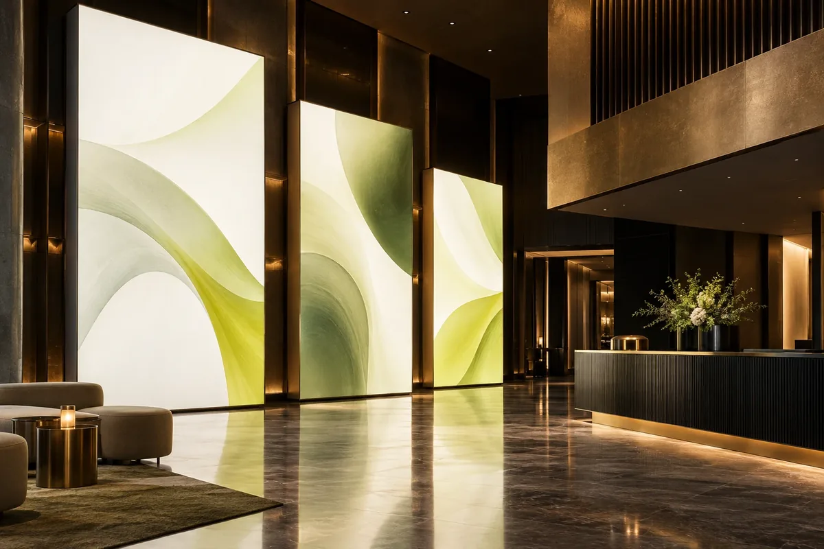 Concept image of three tall illuminated fabric panels with soft green curves in a dark foyer