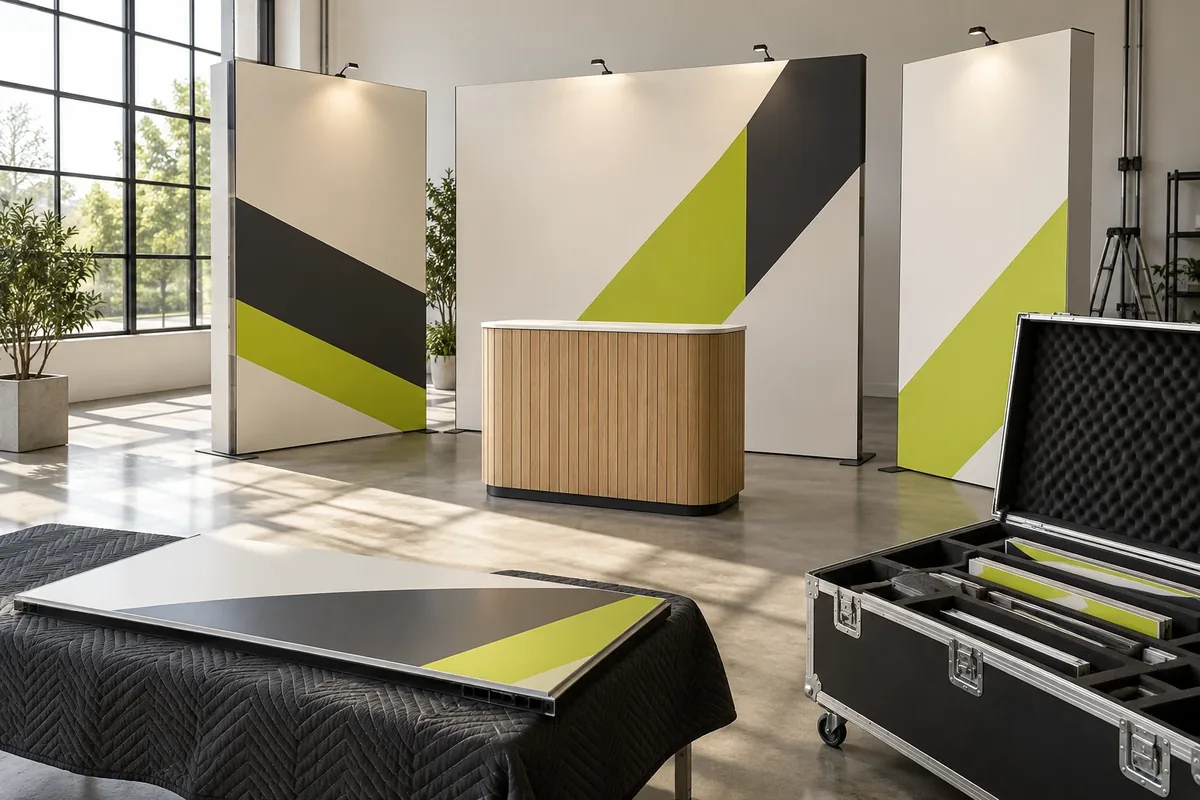 Concept image of modular display walls with a lime and charcoal graphic, a timber counter and an open packing case