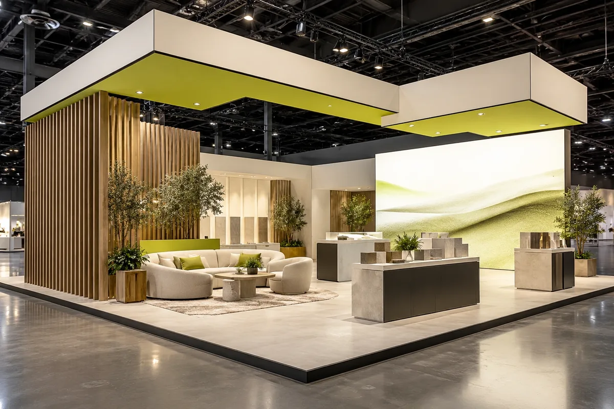 Concept image of an open exhibition stand with a white and lime canopy, a timber slat wall, seating and product stations