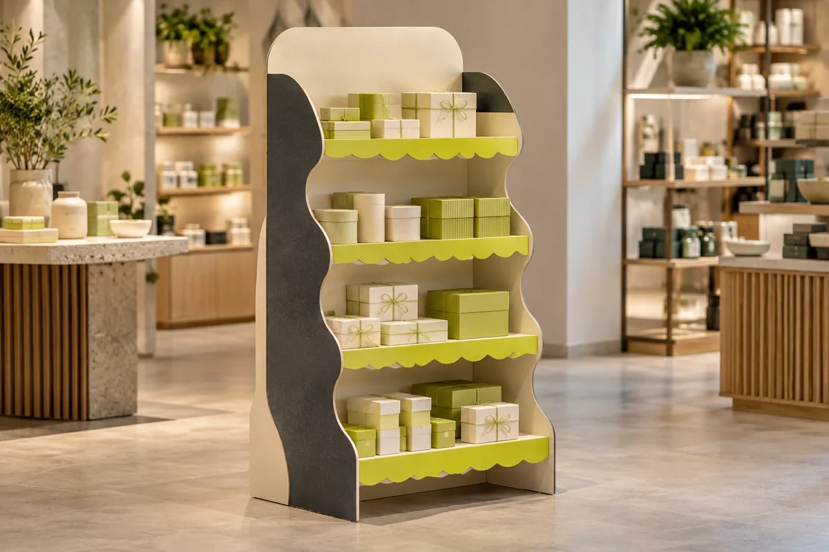 Concept image of a compact freestanding gift display with lime shelf edges and boxed products