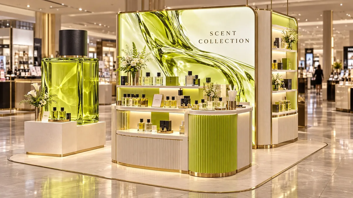 Concept image of a fragrance display in a department store, with an oversized lime bottle beside a curved, illuminated shelving unit