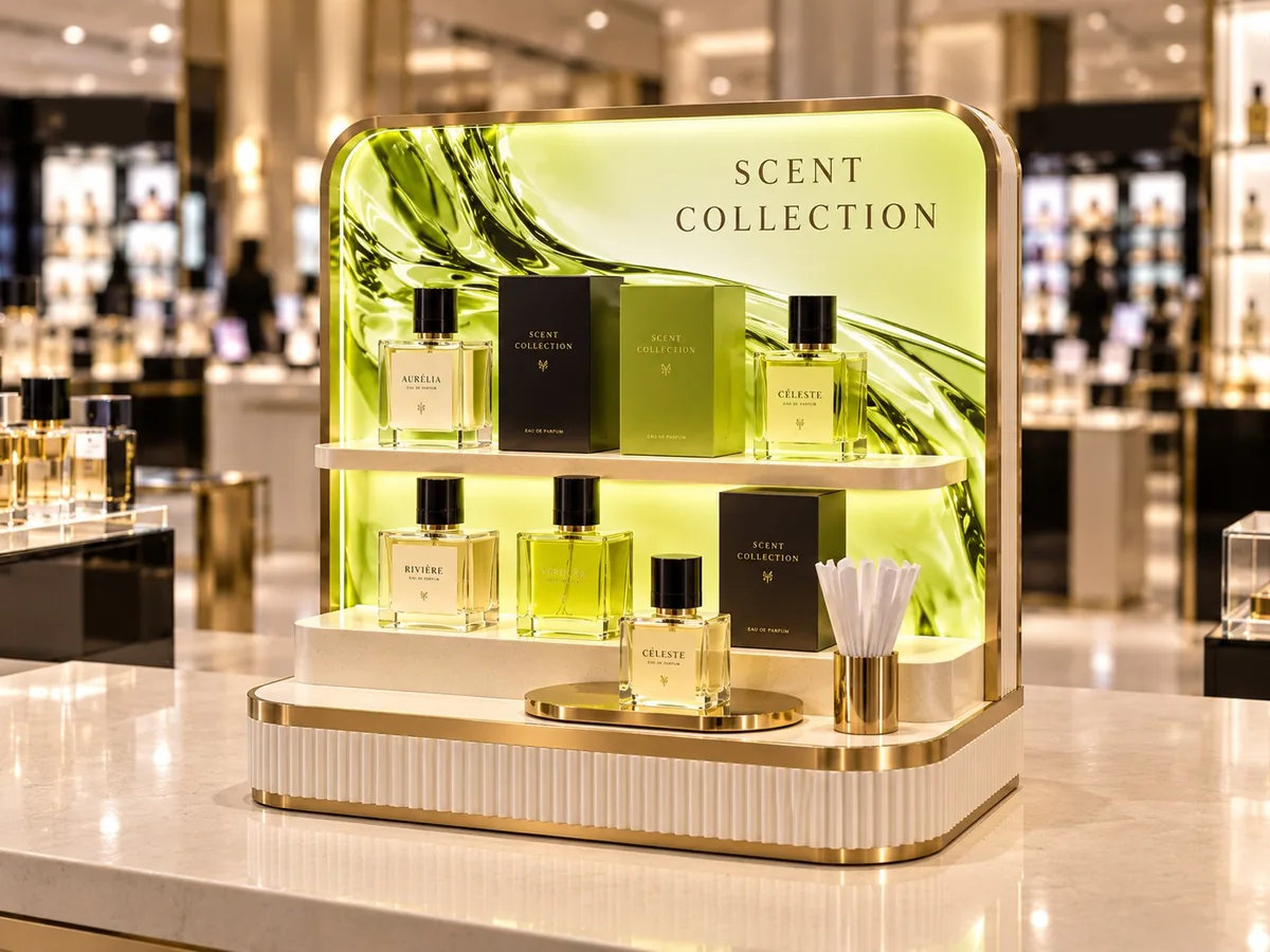Concept image of a counter-top fragrance display with two shelves of bottles, boxes and a holder of tester strips