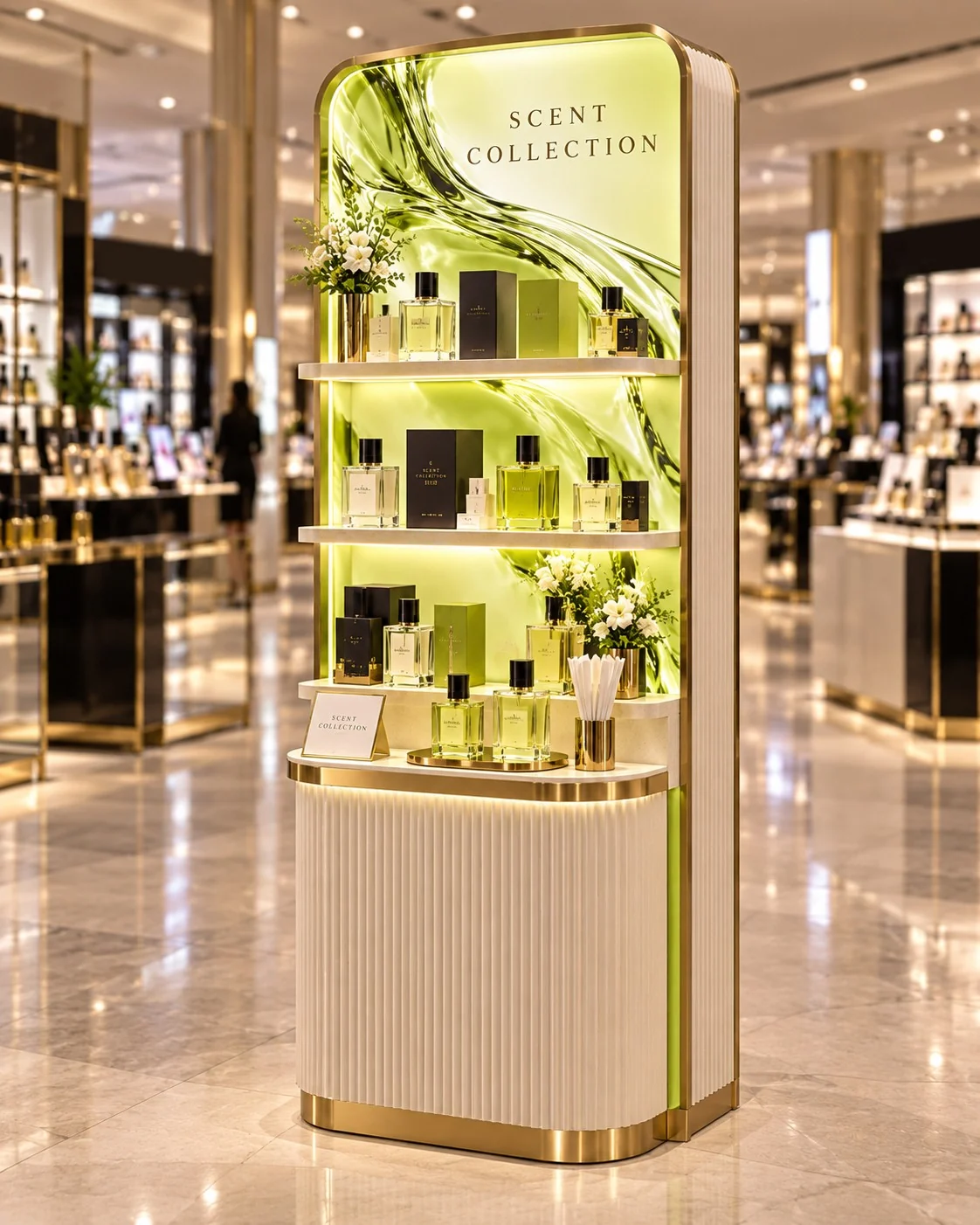 Concept image of a tall freestanding fragrance unit with three lit shelves, a ribbed ivory base and gold trim