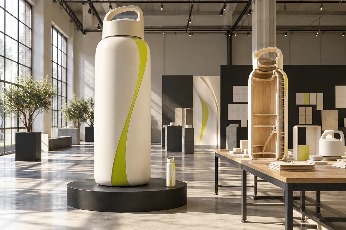 Concept image of an oversized white and lime bottle on a plinth beside a smaller timber prototype