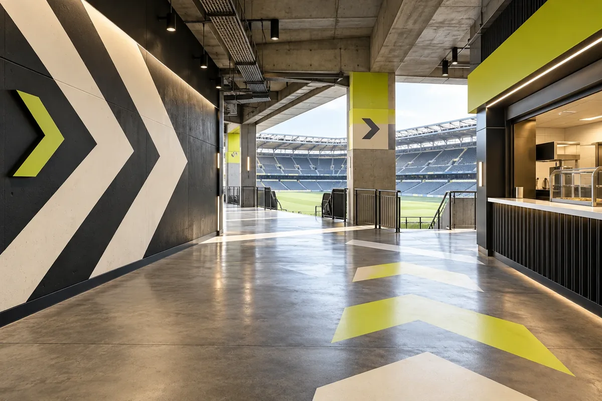 Concept image of a stadium concourse with bold chevron wall graphics and a view through to the pitch
