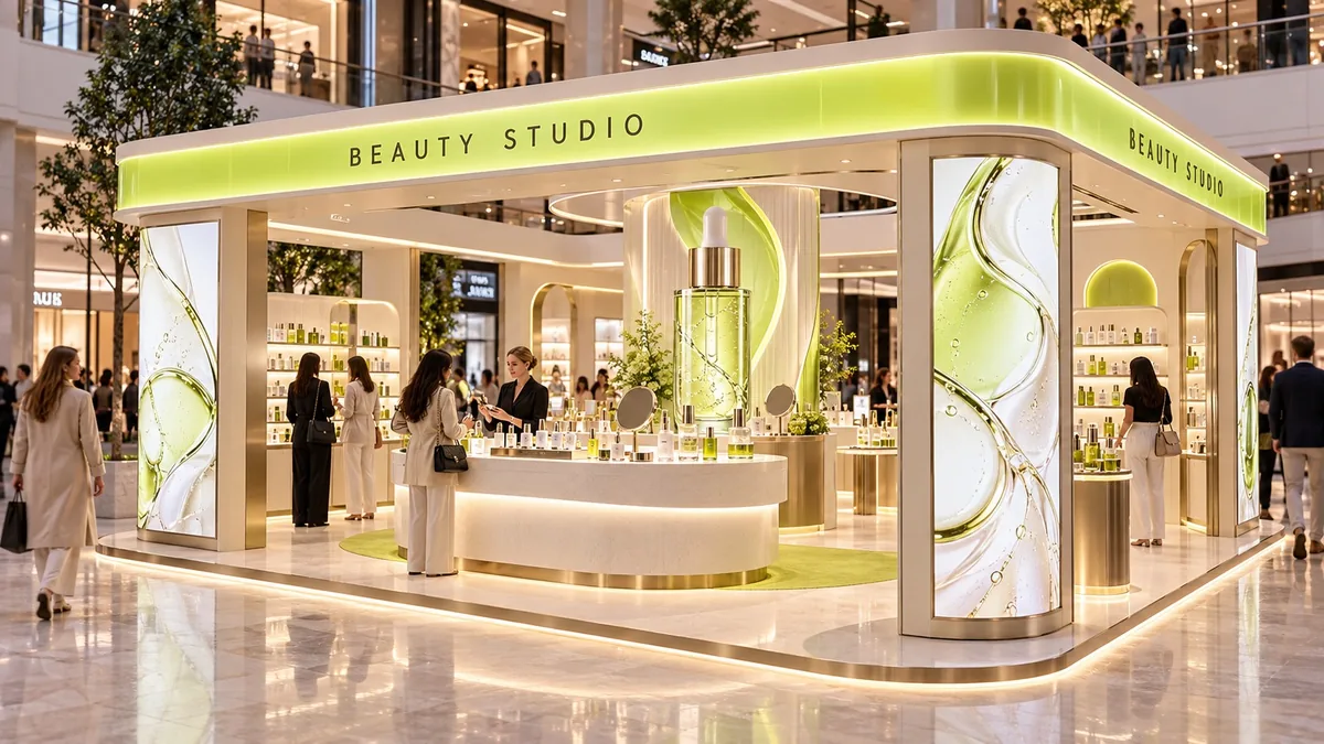 Concept image of an open beauty pop-up in a shopping centre, with a lit lime canopy, illuminated corner panels and a curved counter