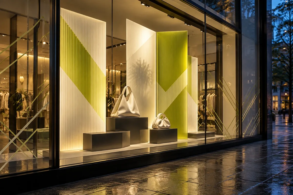 Concept image of a shop window at dusk with folded translucent lime and white panels behind handbags on dark plinths