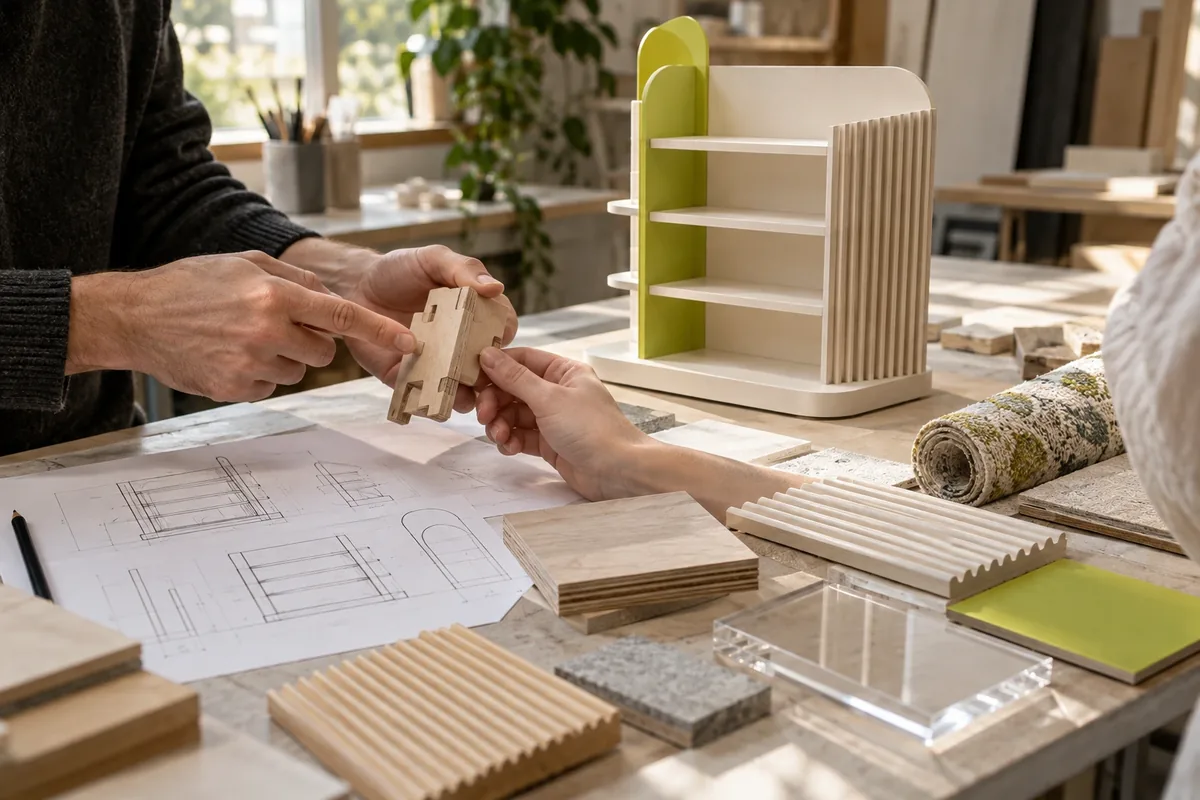 Concept image of hands fitting a small timber joint beside a scale display model, drawings and material samples