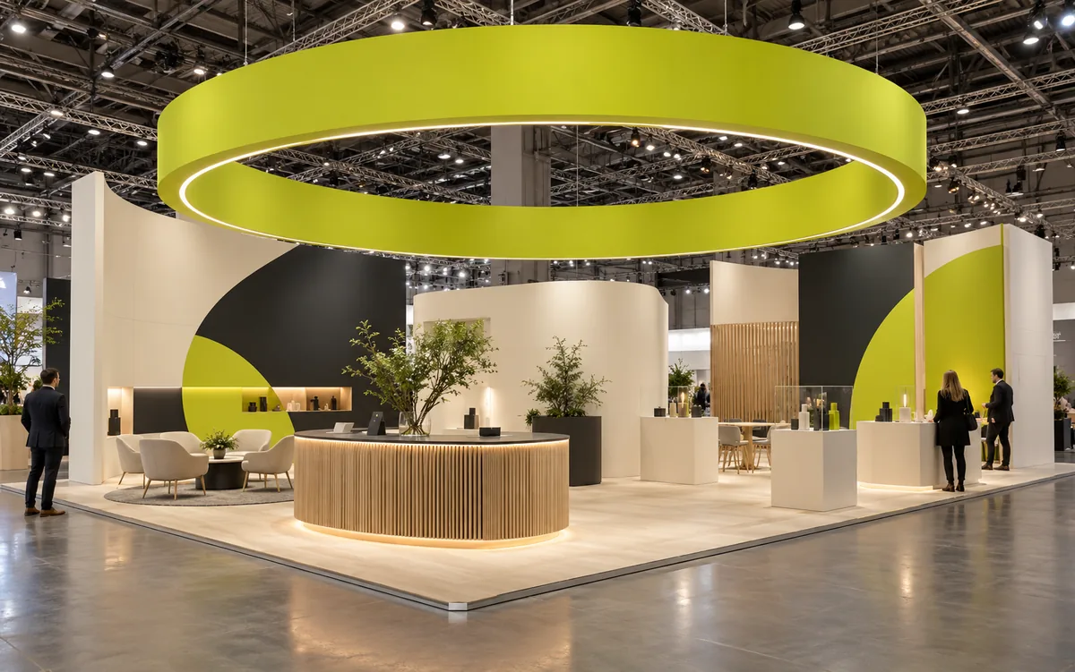 Concept image of an exhibition stand with a suspended lime ring above a curved reception counter