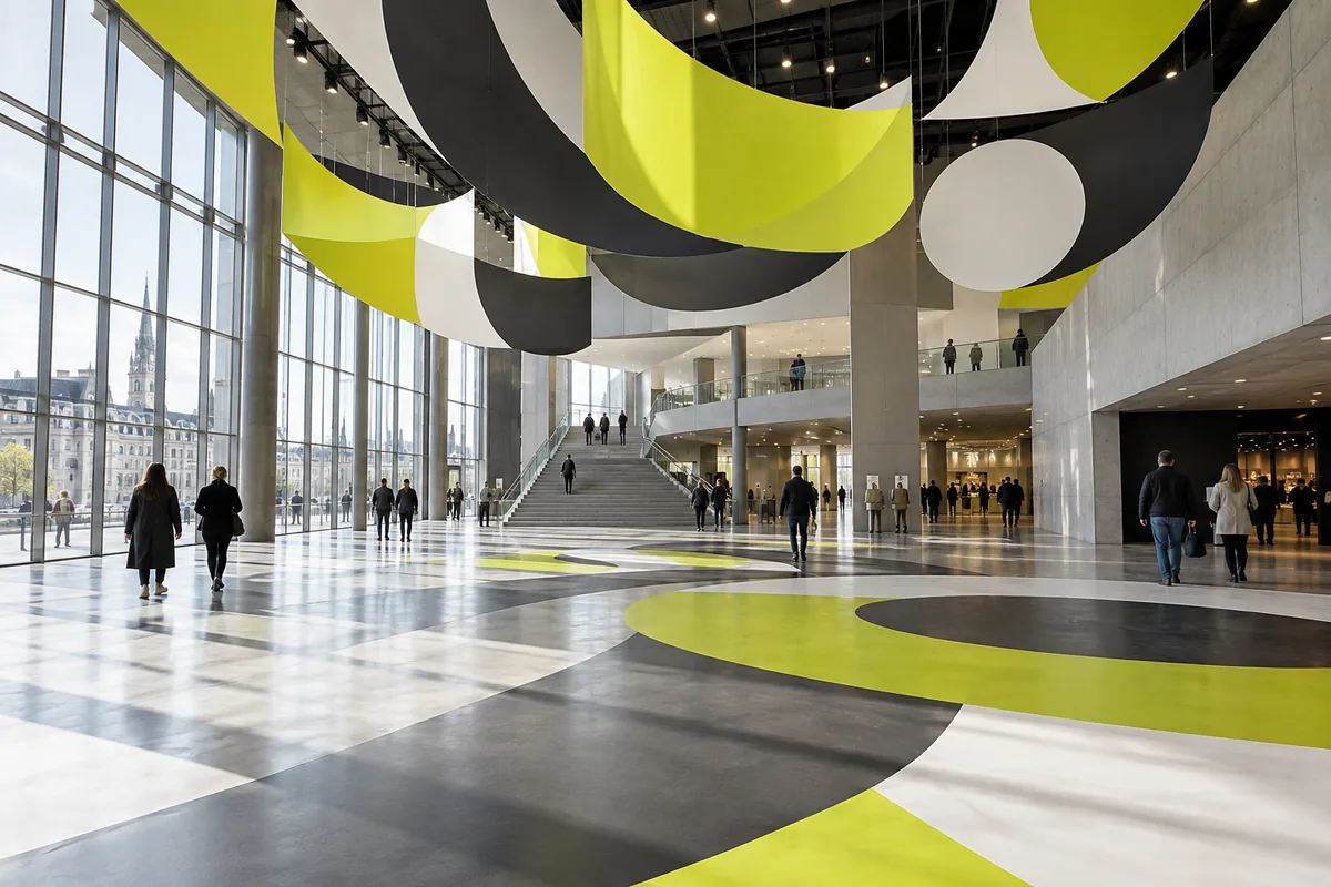 Concept image of an atrium with lime and charcoal floor graphics and suspended ceiling shapes
