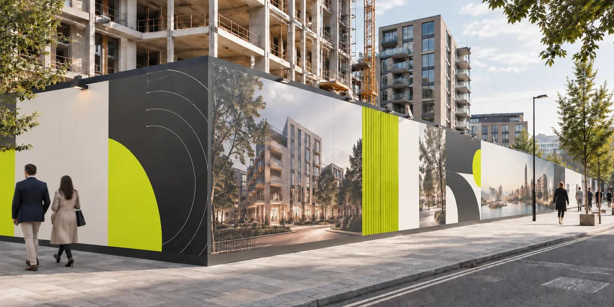 Concept image of a construction hoarding with development visuals and lime and charcoal printed panels
