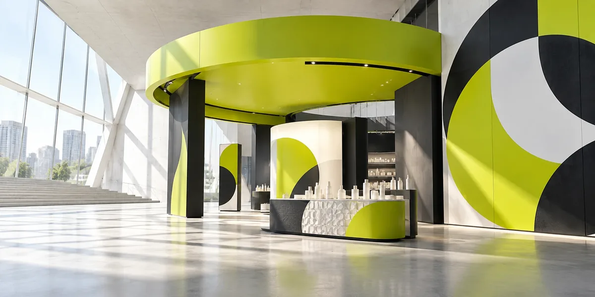 Concept image of a bright atrium with a curved lime canopy above a product display and a large lime, charcoal and white wall graphic