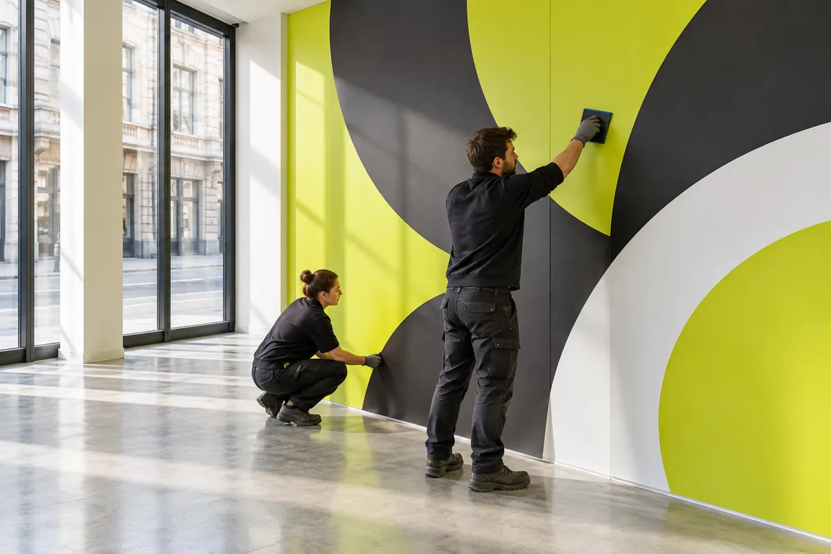 Concept image of two installers applying a large lime, charcoal and white wall graphic