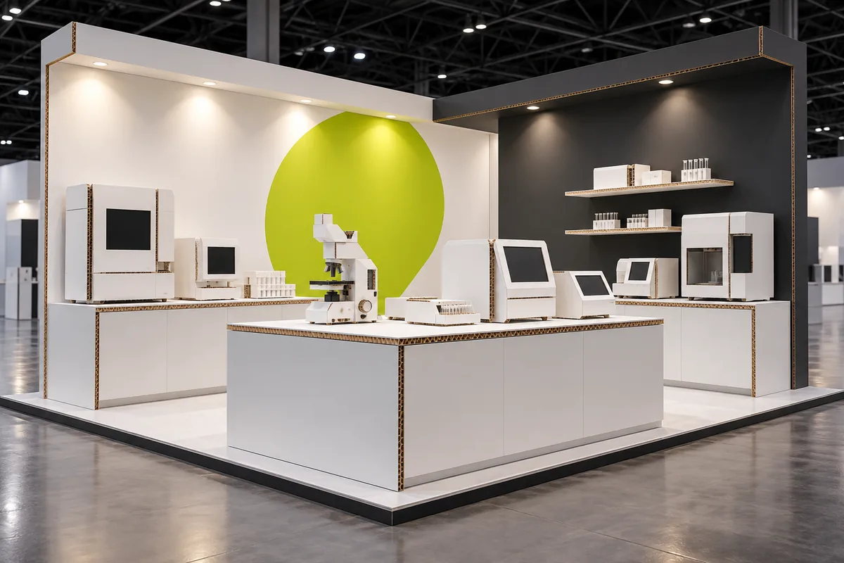 Concept image of a white exhibition stand with replica laboratory equipment and a lime circle graphic
