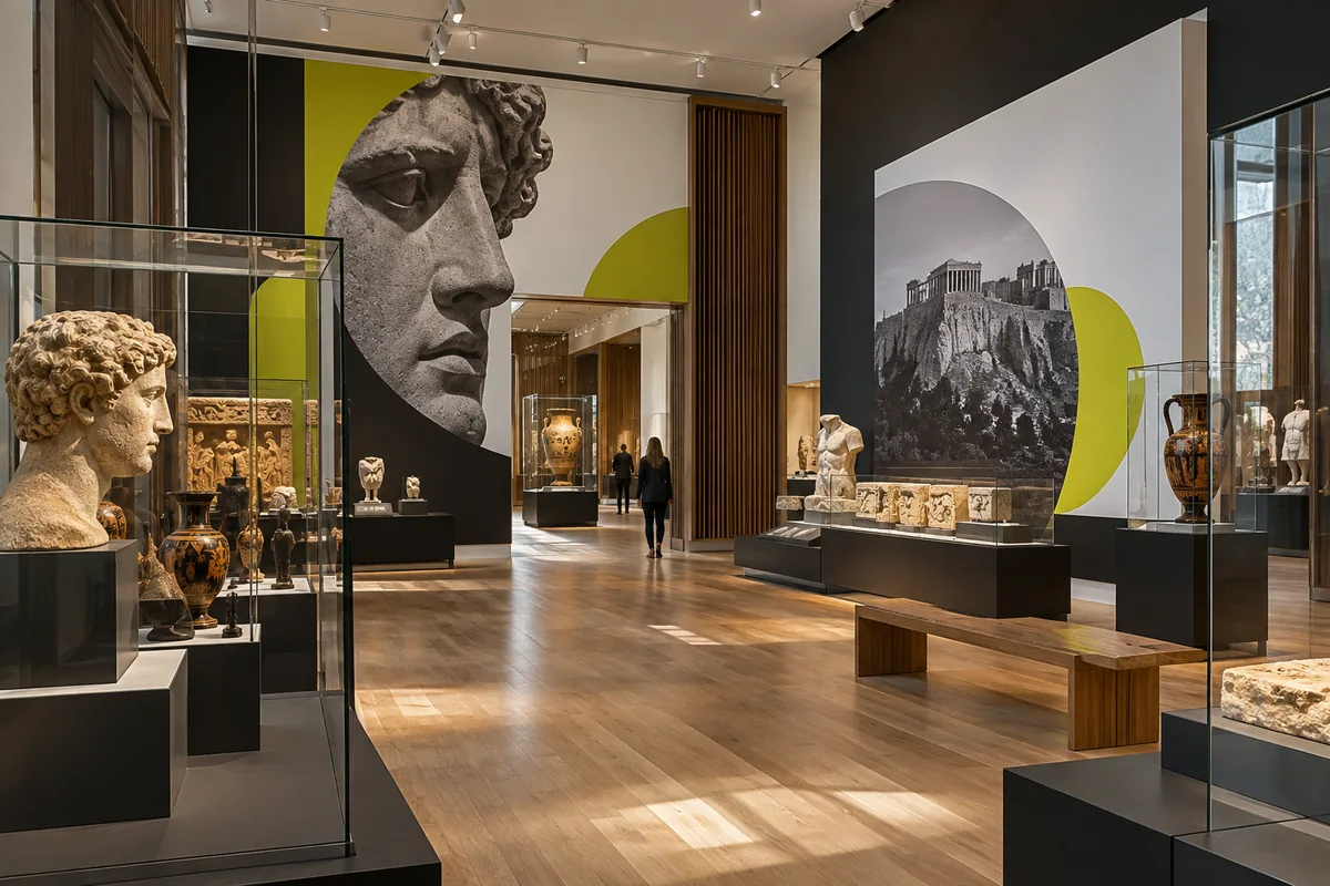 Concept image of a museum gallery with a large sculpture graphic, display cases and interpretation walls