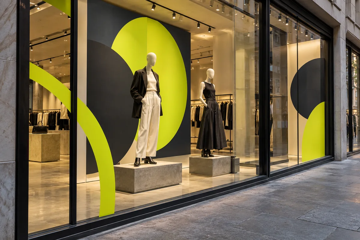 Concept image of a shop window with mannequins in front of lime and charcoal geometric graphics