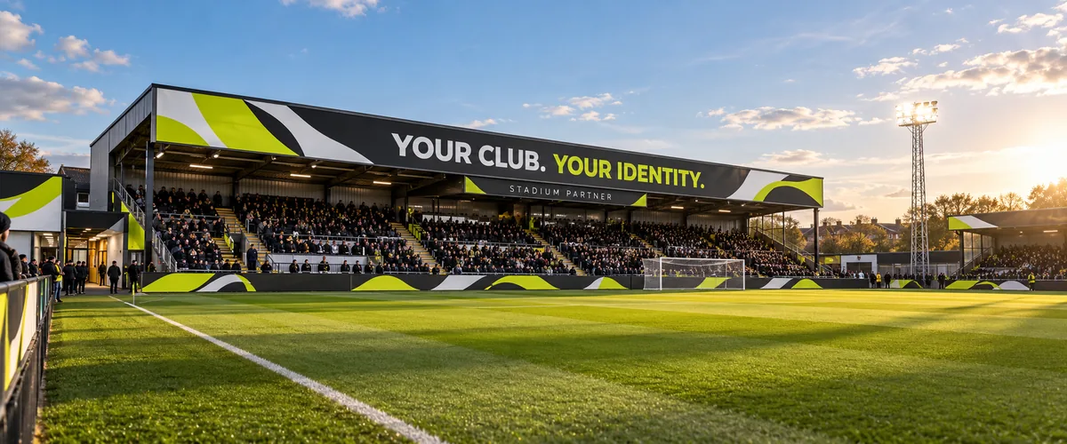 Concept image of a football stadium stand with lime and charcoal fascia branding