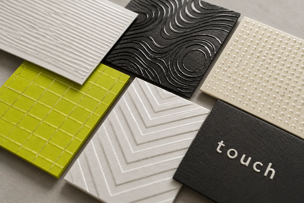 Concept image of six print samples side by side, with raised ridges, contours, dots and a grid, one with the word touch