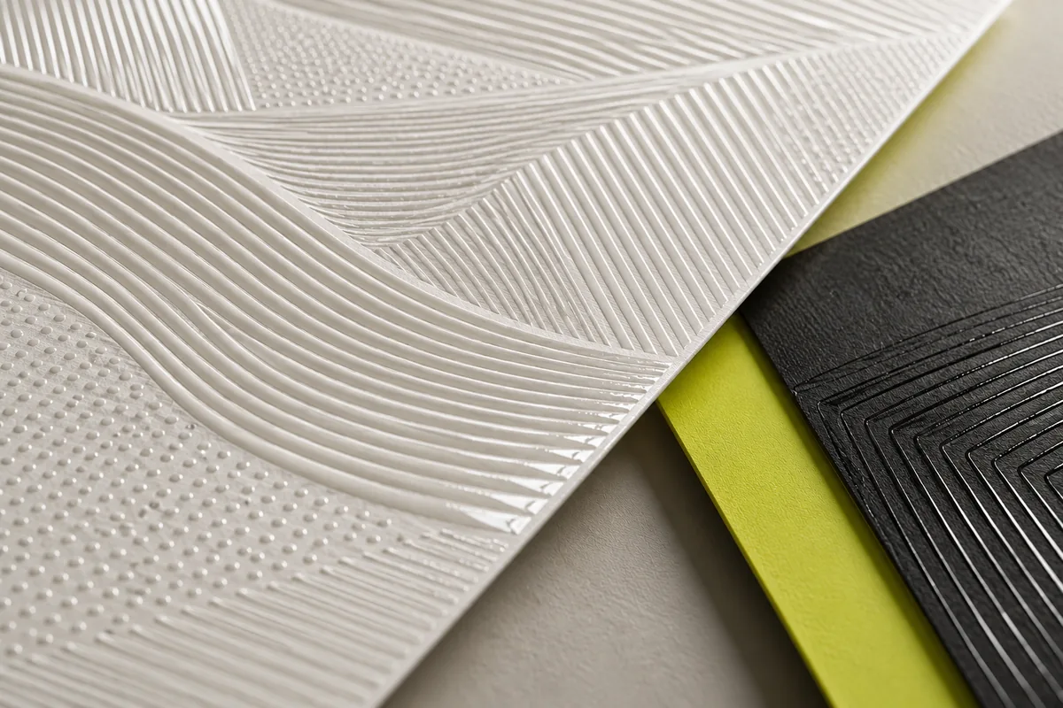 Concept image of a white print sample with raised wave ridges and fine dots, lying over lime and charcoal sheets