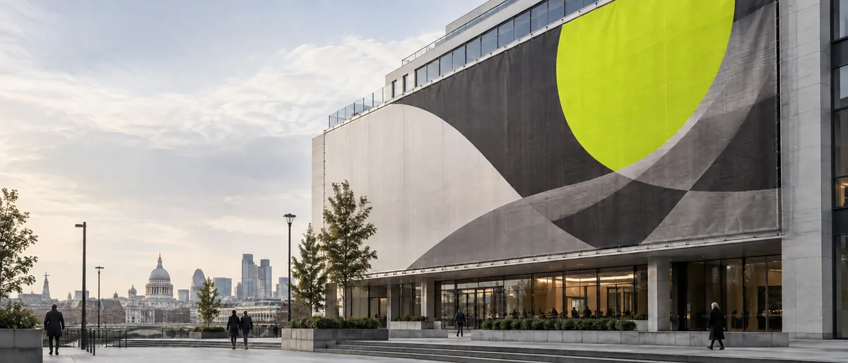 Concept image of a building wrap with large lime and charcoal shapes on a city building