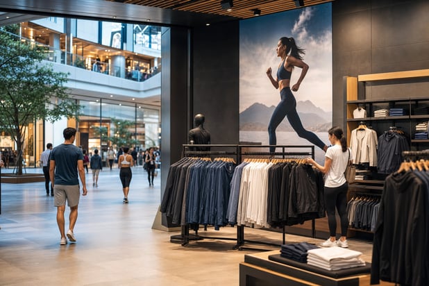 Shopping Centre with Vibrant Backdrop and Luxury Sports Brand Cloths