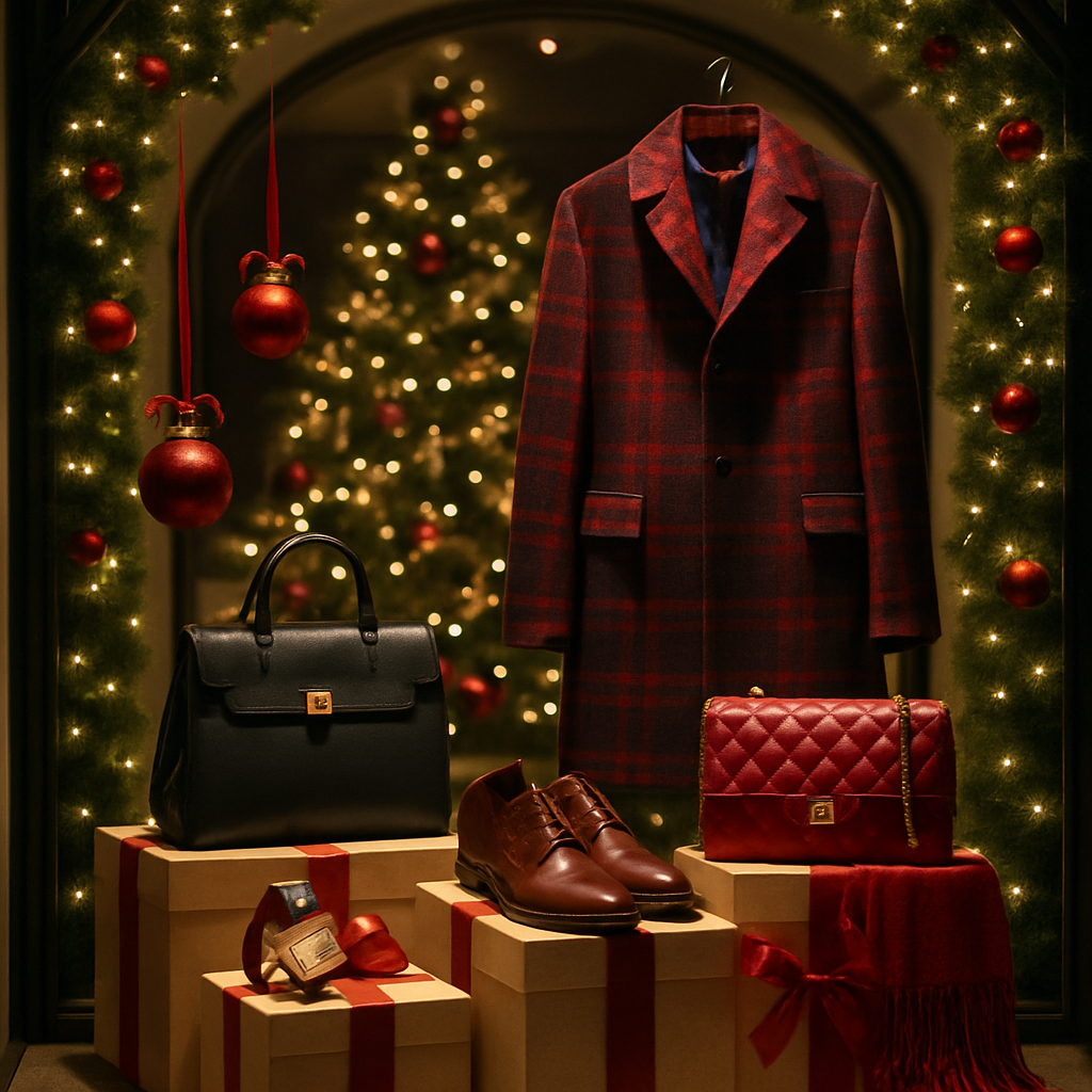 a Christmas window display thats luxury items and festive in a traditional way
