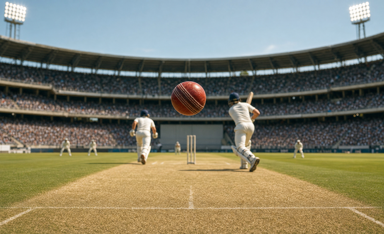 Cricket batsman playing a shot in a packed stadium, showing the high-visibility environment where cricket stadium graphics deliver maximum commercial and visual impact.
