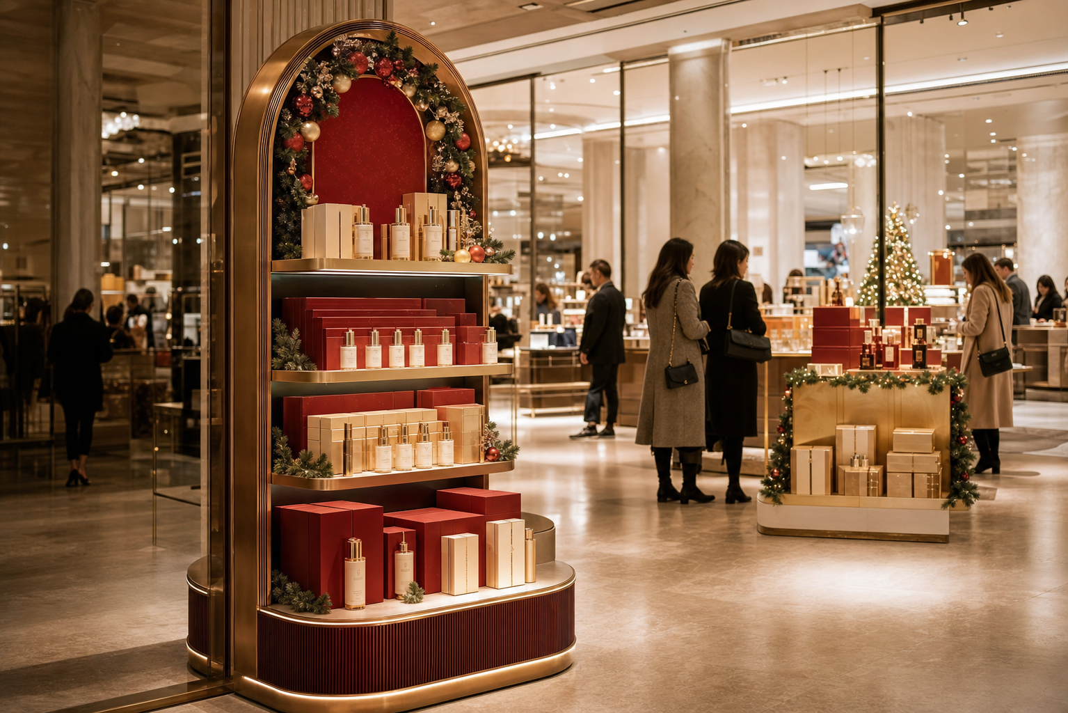 Elegant Christmas FSDU display unit filled with luxury gift products in red and gold packaging, positioned in a premium retail store with festive decorations and shoppers in the background.
