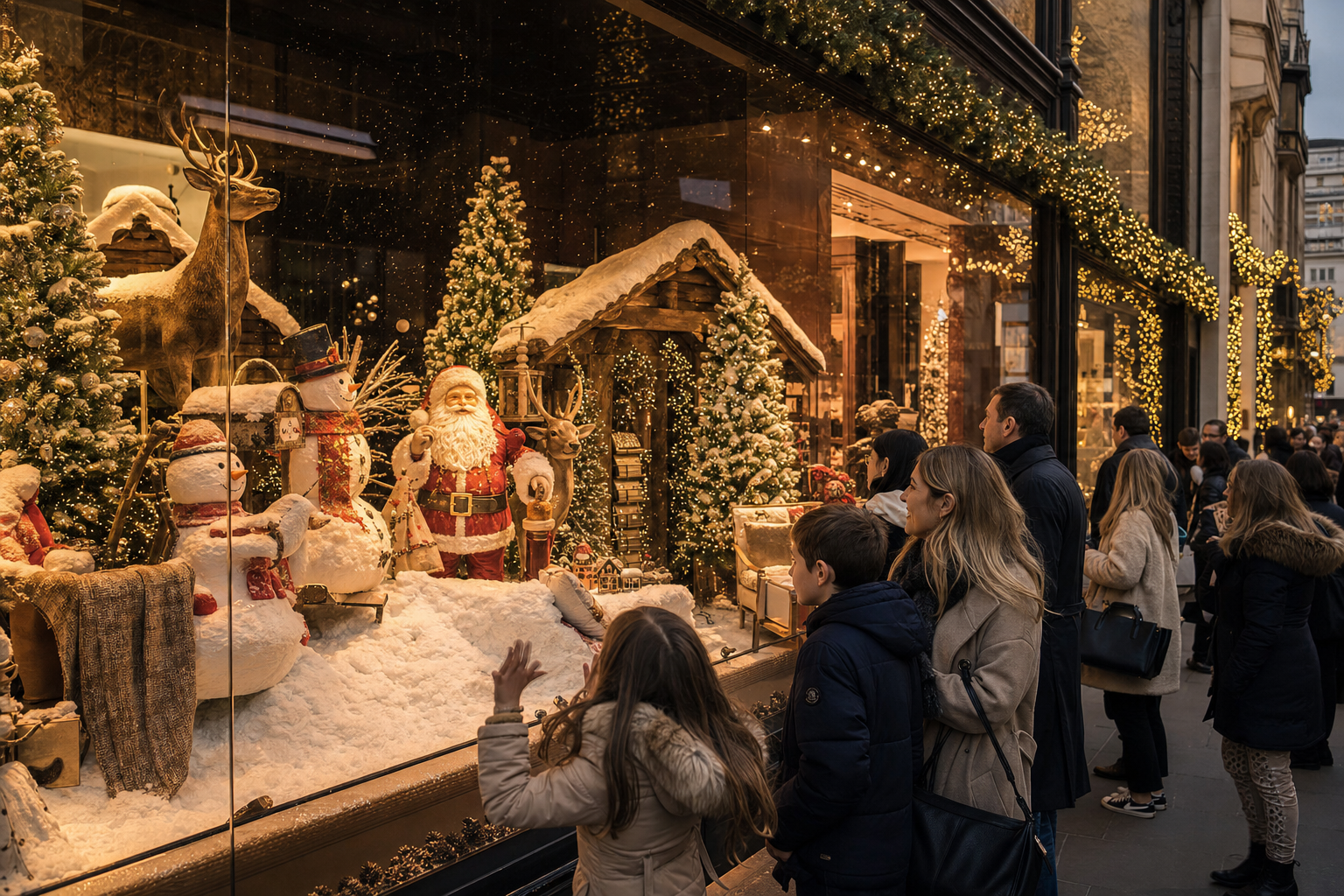 Family admiring an elaborate festive window display featuring Santa, snowmen, reindeer and Christmas trees illuminated with warm lights on a busy retail street.