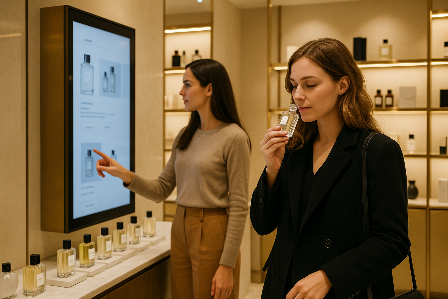 A woman using a screen to discover different perfumes specifications and smells, which highlights the future of retail displays.