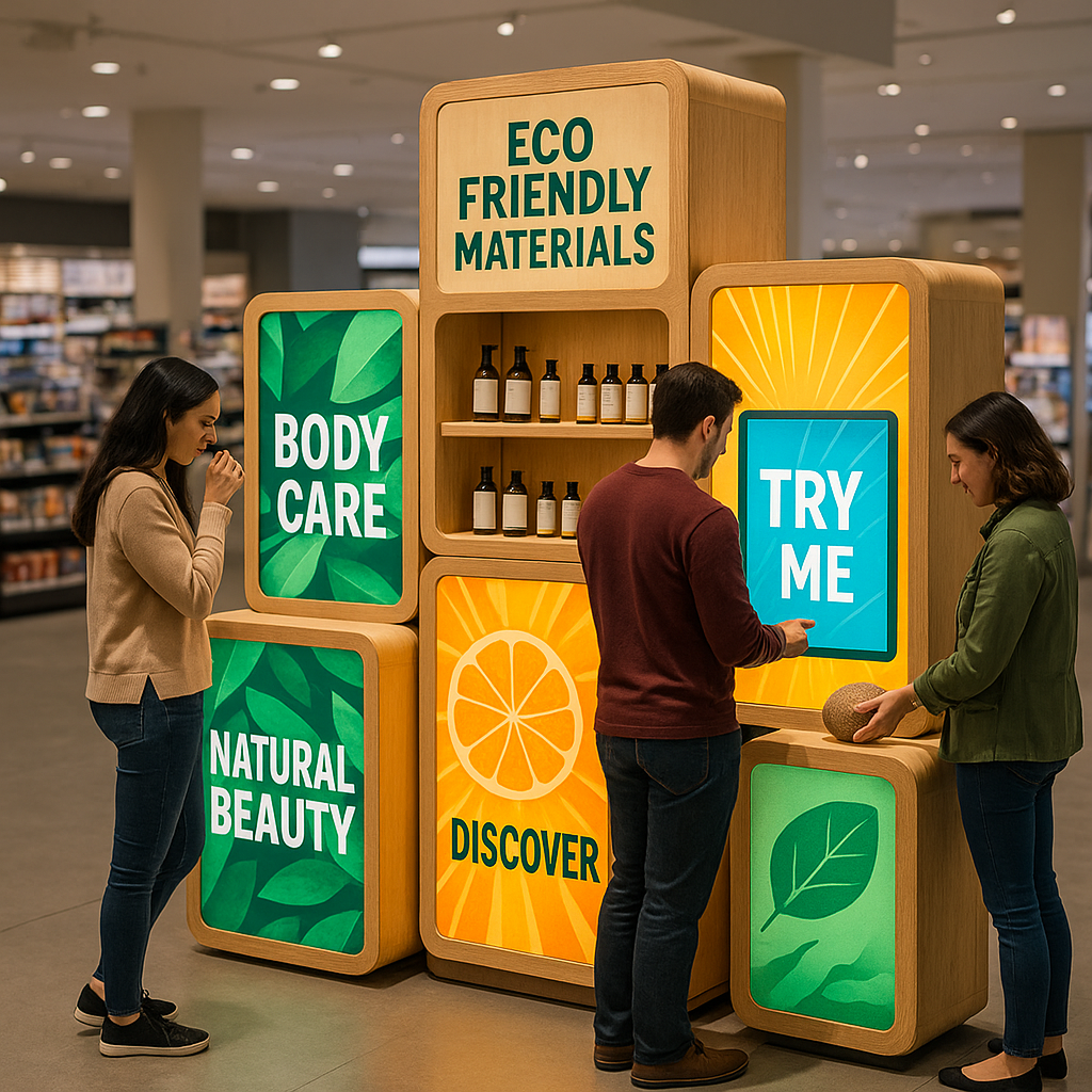 A dynamic retail environment featuring illuminated