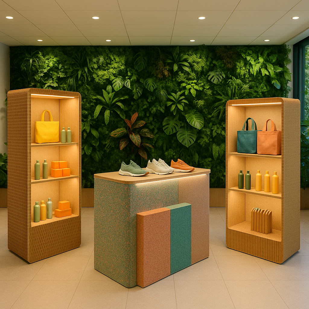 Retail store display made from eco-friendly materials, showcasing a sustainable display solution for in-store merchandising.