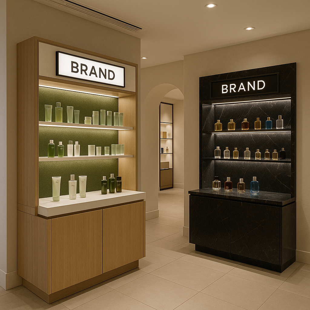 Sophisticated fragrance and cosmetic displays showcasing separated displays.