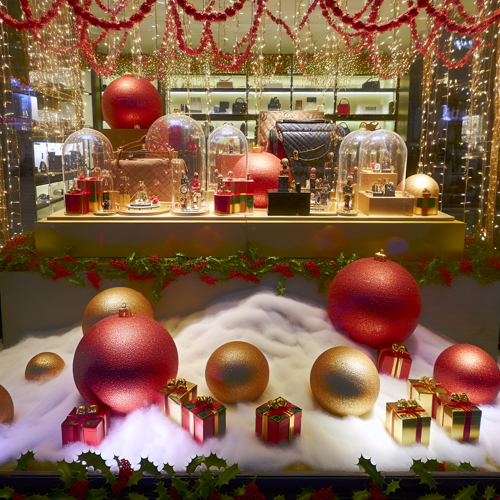 a festive window display in a luxury retail store 
