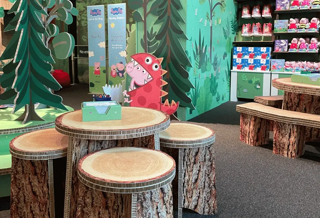 Visual displays in a museum-themed children’s area featuring immersive forest graphics, interactive seating and colourful character installations.