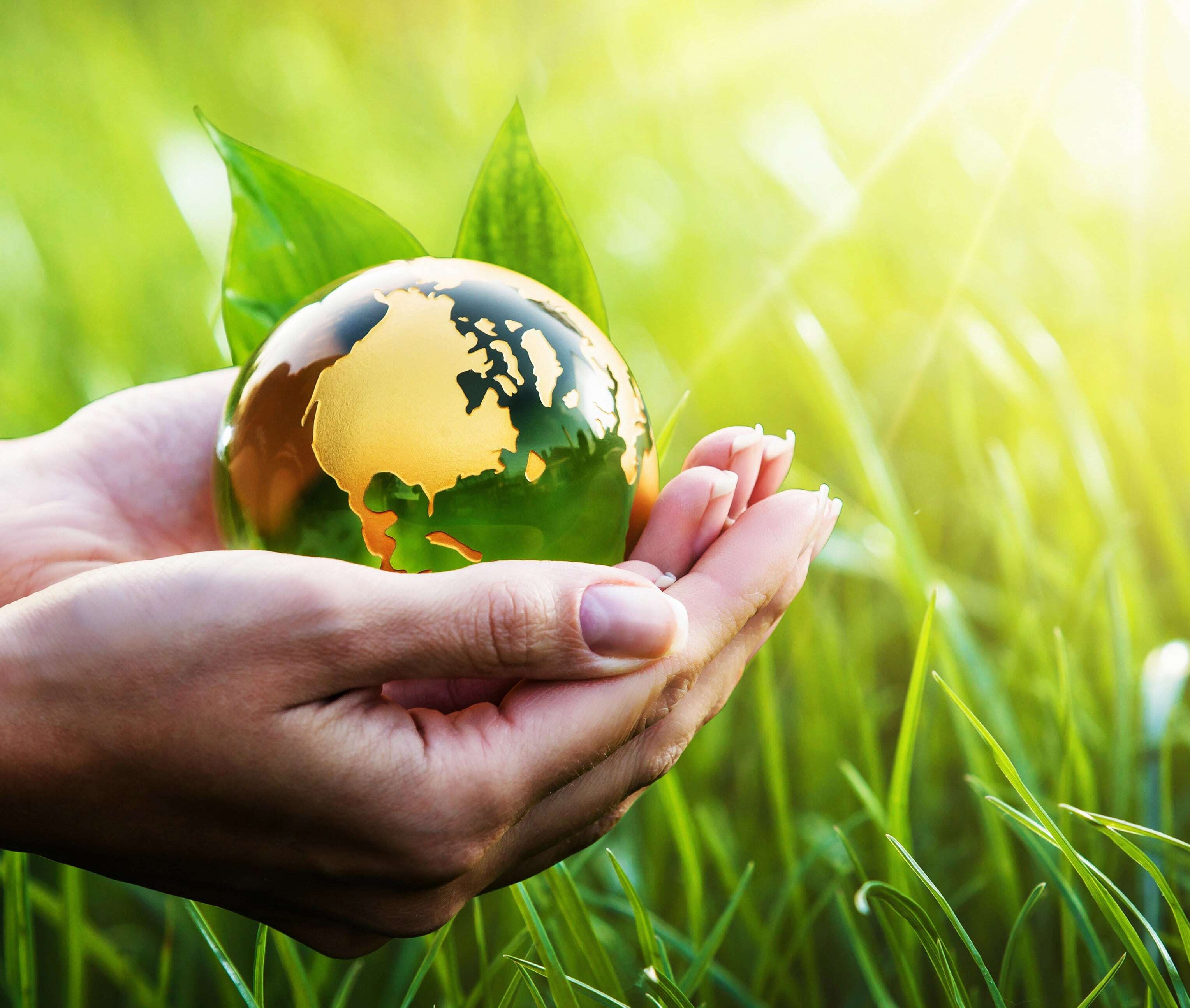 Sustainable visual merchandising point of sale, being represented by woman holding a greener earth in her hands.