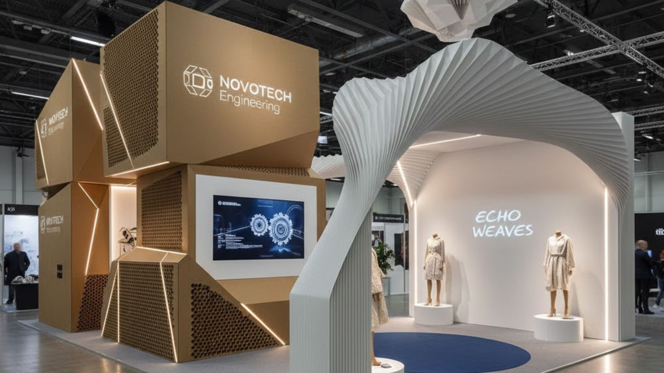 A high-tech trade show booth featuring modular 3D cardboard design structures and a white architectural canopy showcasing the Echo Weaves brand.