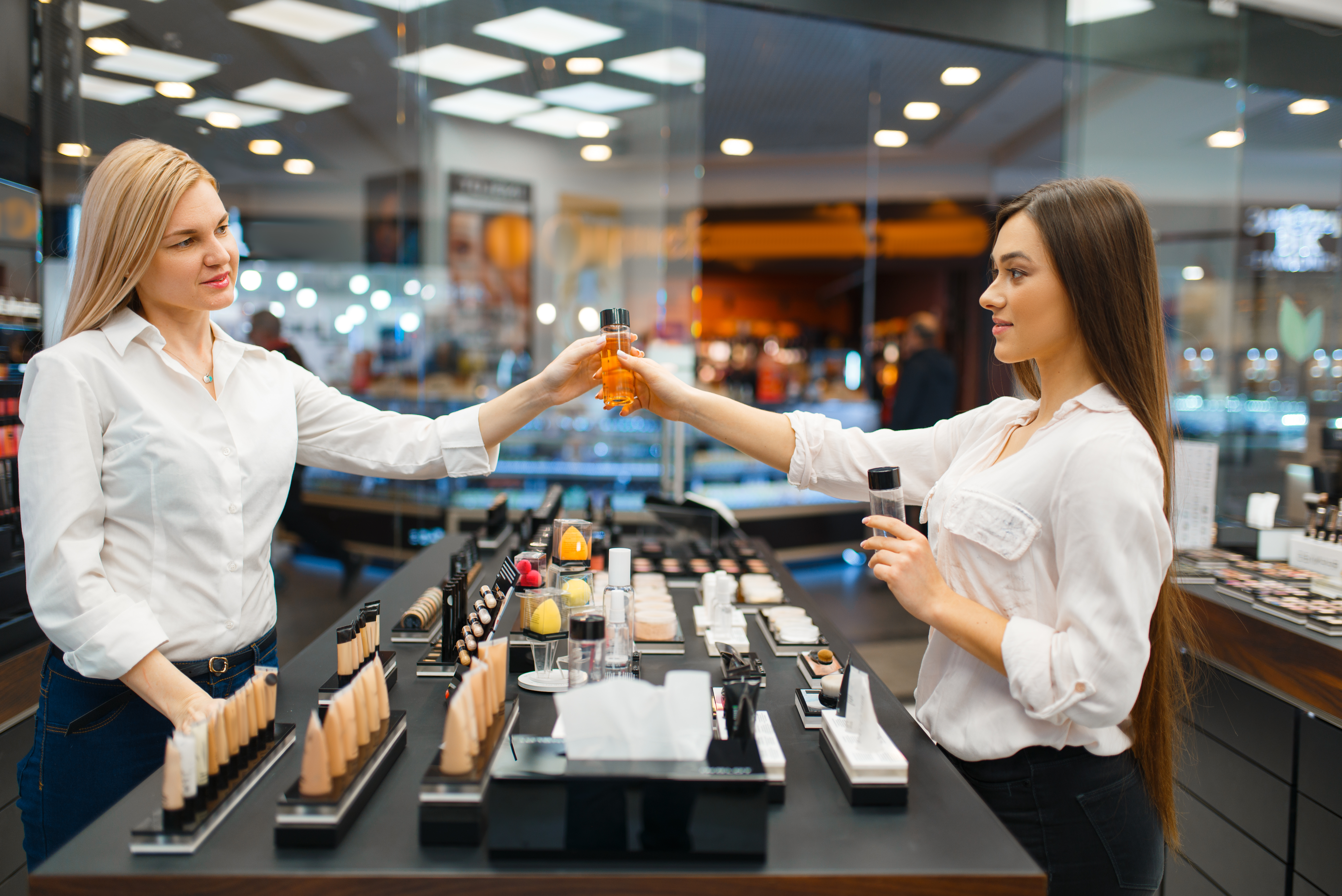 High-quality retail displays for cosmetics showcasing accurate branding, colors, and product presentation in a store setting.
